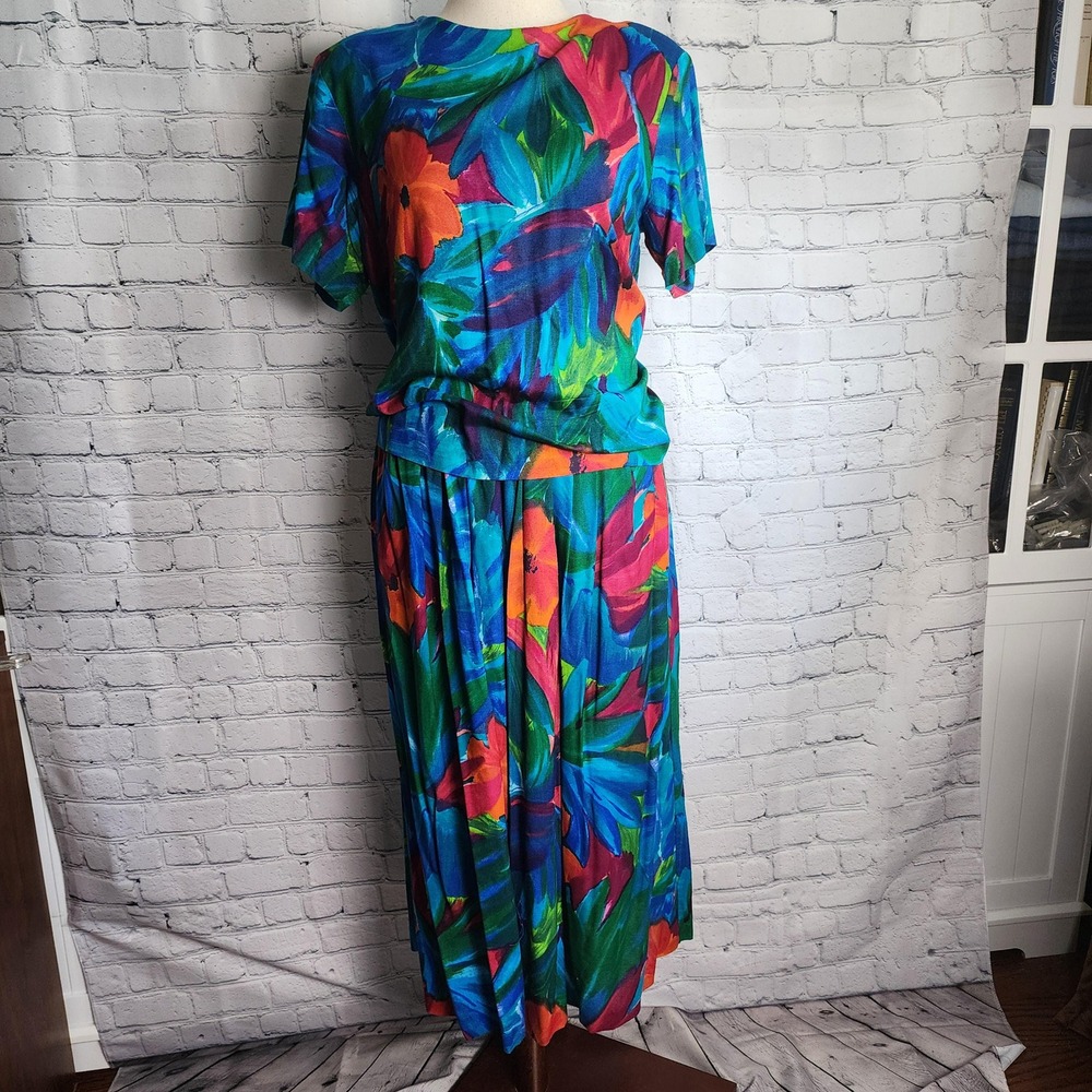 Christine David Vintage 80s Floral Resortwear Set Blue Pink Orange Rayon Large